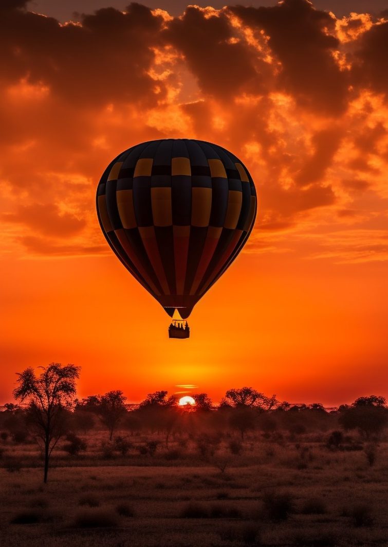 Colorful balloons soar over tranquil African landscape generated by artificial intelligence